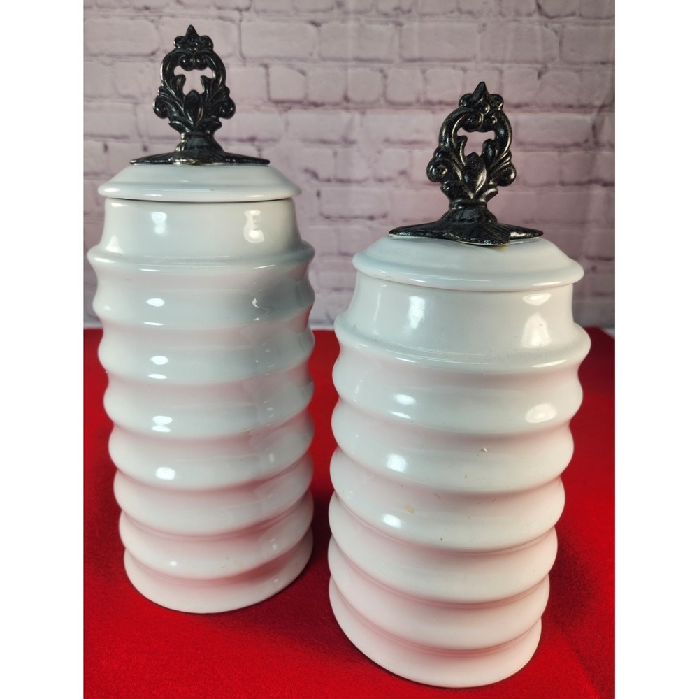American Atelier White Beehive Set Of 2 Canisters Jars Metal Finial NWOT